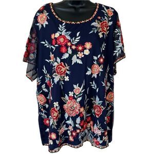 Tolani Collection Mesh Embroidered Blouse in Navy